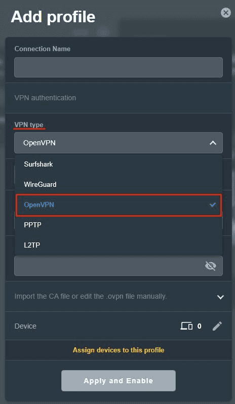Cuadro de diálogo del perfil de VPN Fusion de ASUS con OpenVPN seleccionado en el menú de tipo de VPN