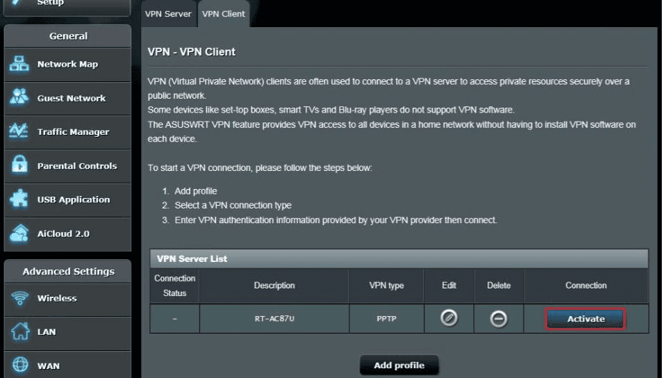 Lista de perfiles de VPN Client antiguo de ASUS con el botón Activate resaltado
