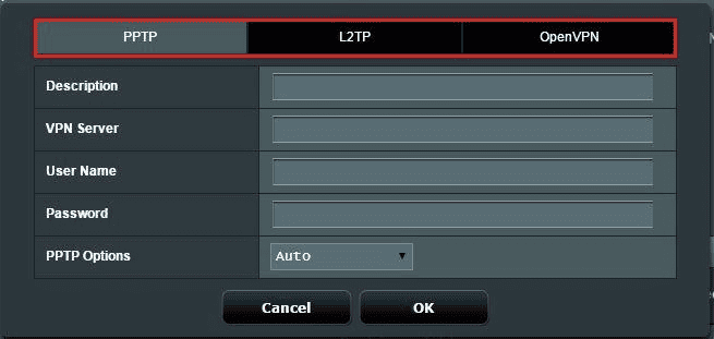 Cuadro de diálogo del perfil VPN Client antiguo de ASUS que muestra las pestañas PPTP, L2TP y OpenVPN