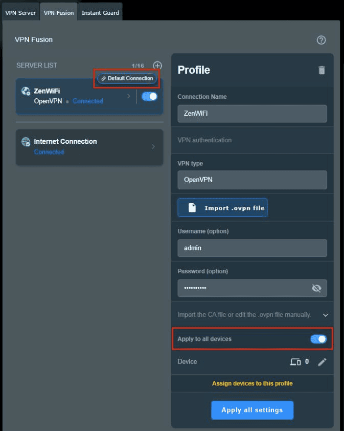 Perfil conectado de VPN Fusion de ASUS con Apply to all devices activado