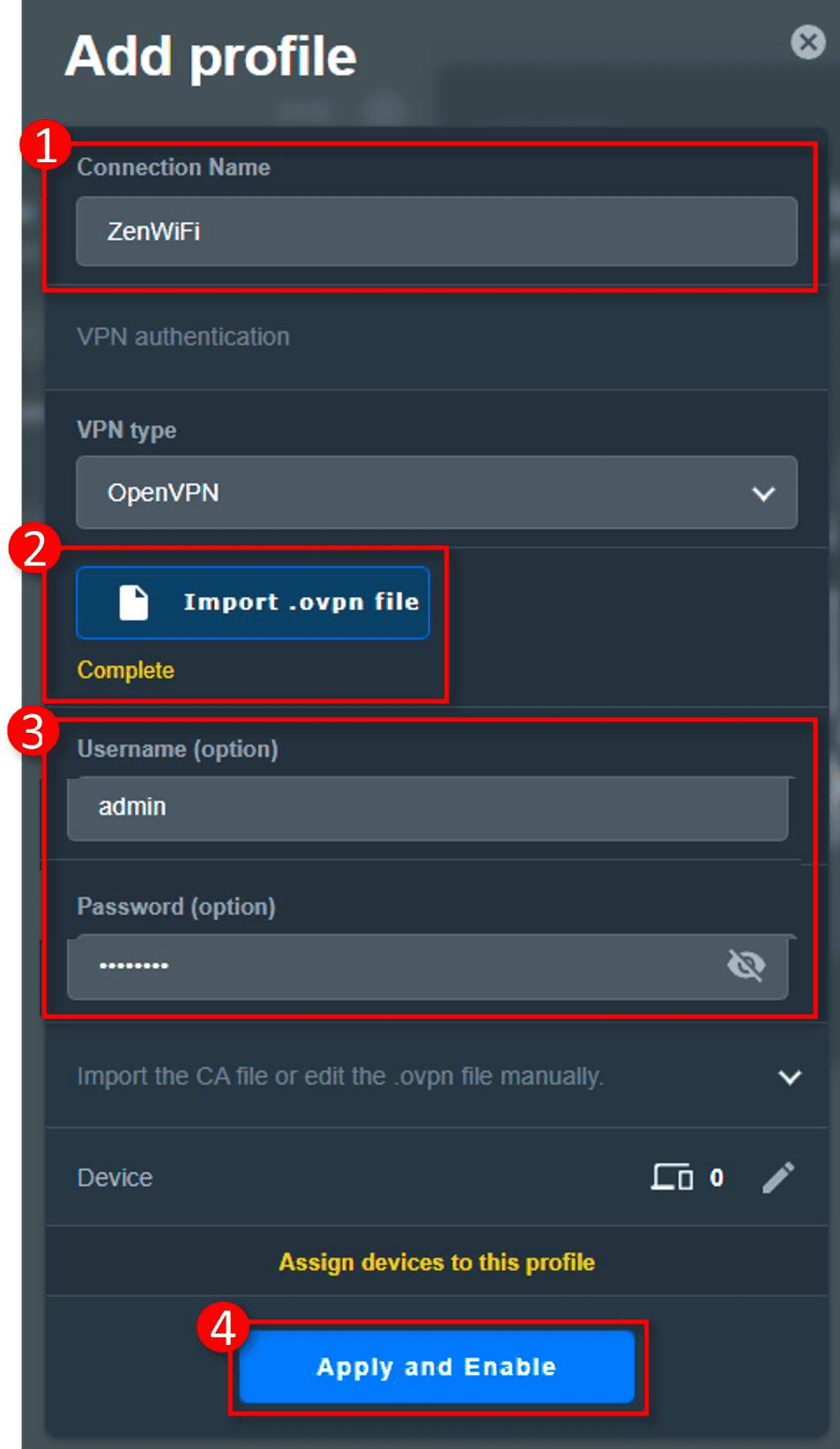 Formulario del perfil de OpenVPN en VPN Fusion de ASUS con los controles de importación, credenciales y aplicación resaltados