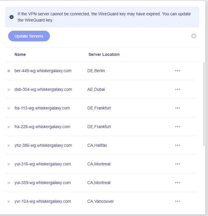 Lista de servidores de Windscribe en GL.iNet con un punto verde junto al perfil conectado de Berlín