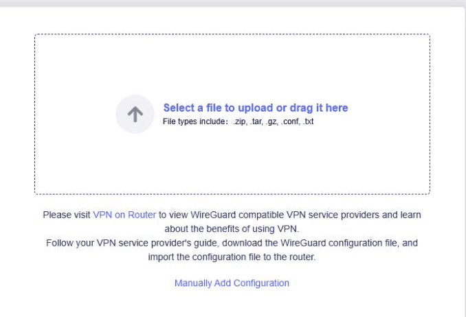 Área de carga de WireGuard Client de GL.iNet que acepta un archivo conf