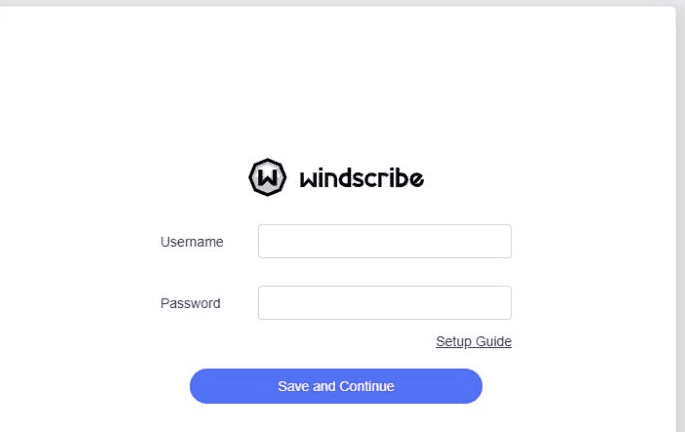 Formulario integrado de inicio de sesión de Windscribe en GL.iNet con los campos de nombre de usuario y contraseña vacíos