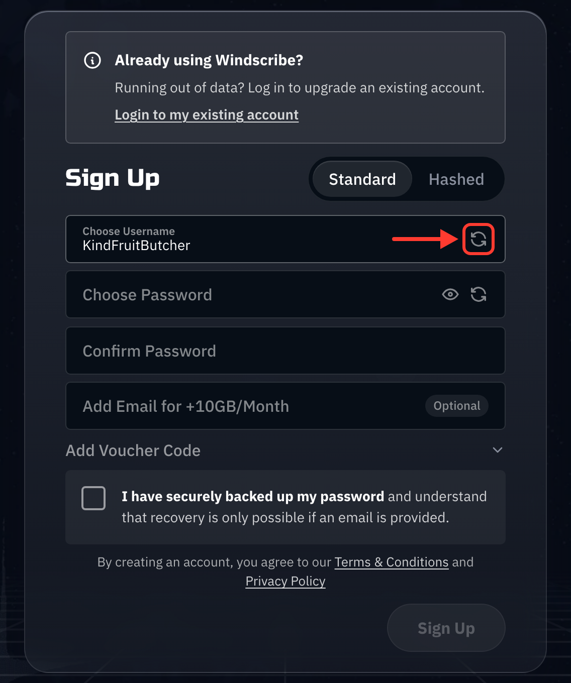 The Sign Up form, with the Generate username button highlighted