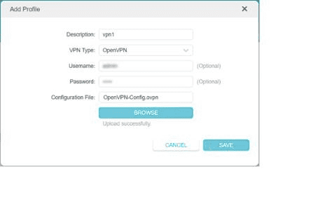 Formulario completo del perfil OpenVPN de TP-Link que muestra Upload successfully antes de Save