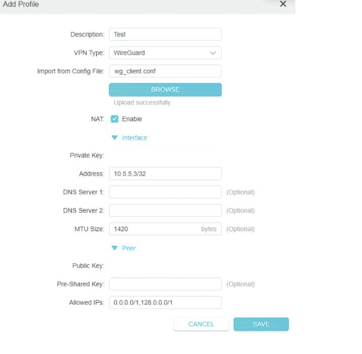 Formulario del perfil WireGuard de TP-Link antes de guardarlo, rellenado a partir de un archivo de configuración importado y con las claves ocultas