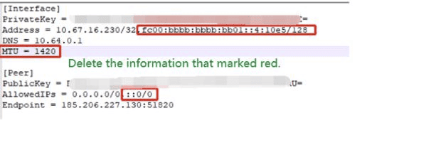 Configuración de WireGuard anotada que muestra la dirección IPv6, la línea MTU y la entrada IPv6 de AllowedIPs que deben eliminarse